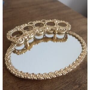 Vintage Lipstick Holder Mirrored Vanity Tray Rose Floral Design GOLD